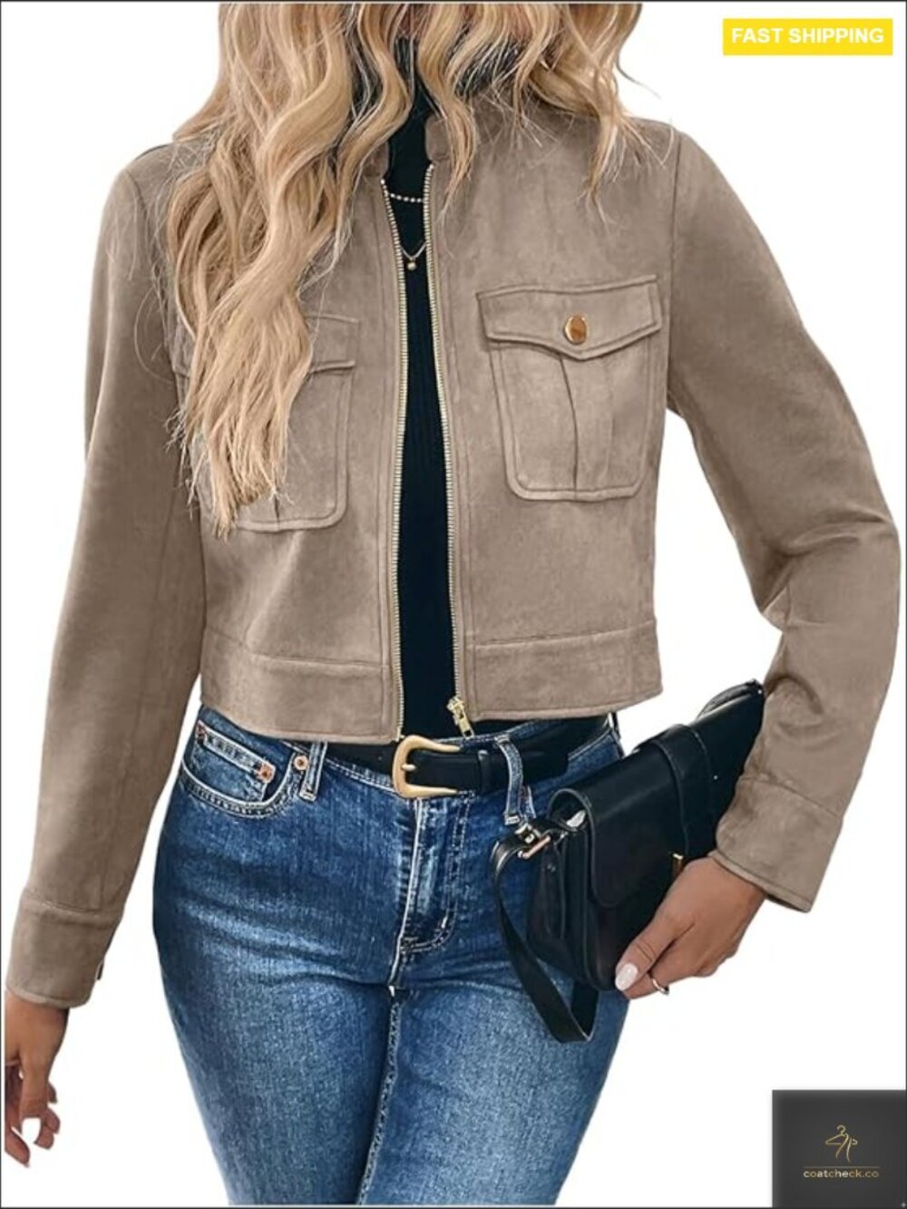 Faux Suede Zip Up Crop Jacket Long Sleeve Motorcycle Cargo Streetwear Chic
